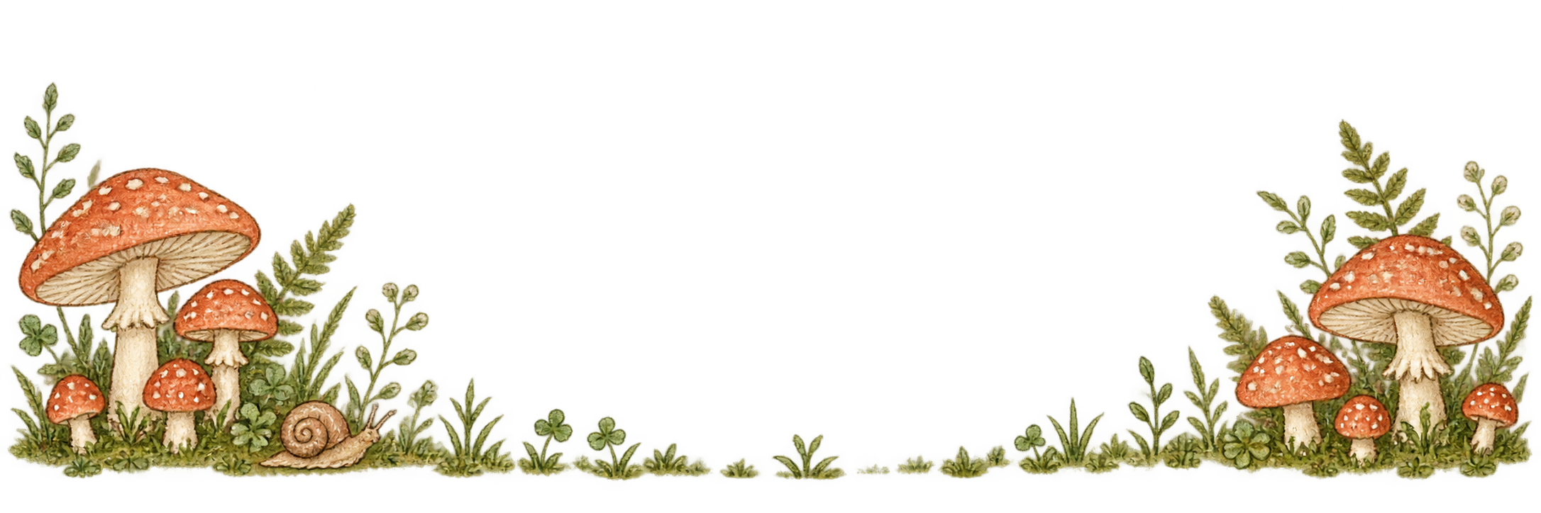 An illustrated garden of mushrooms, snails and ferns