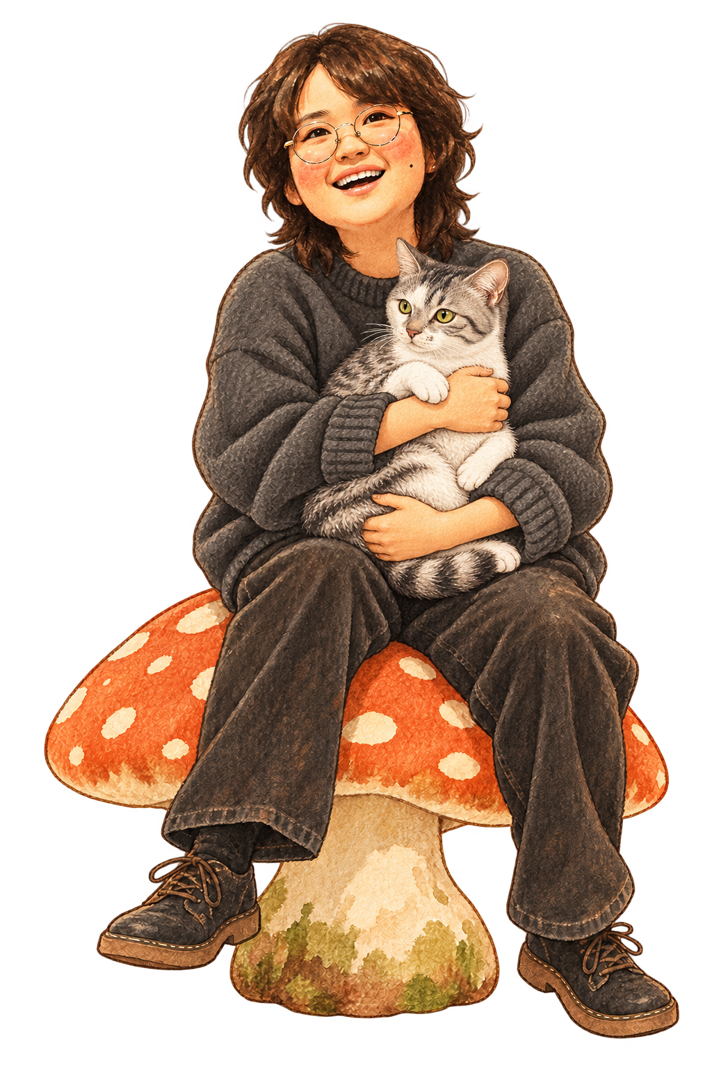 The filmmaker holding the gray-and-white cat in both arms
