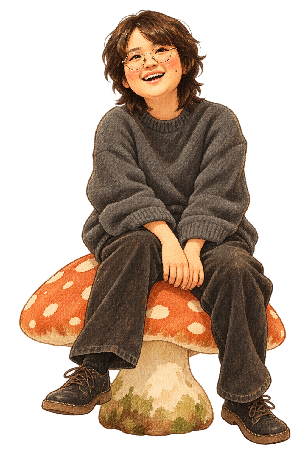 The filmmaker with round glasses, wavy short hair and a charcoal sweater